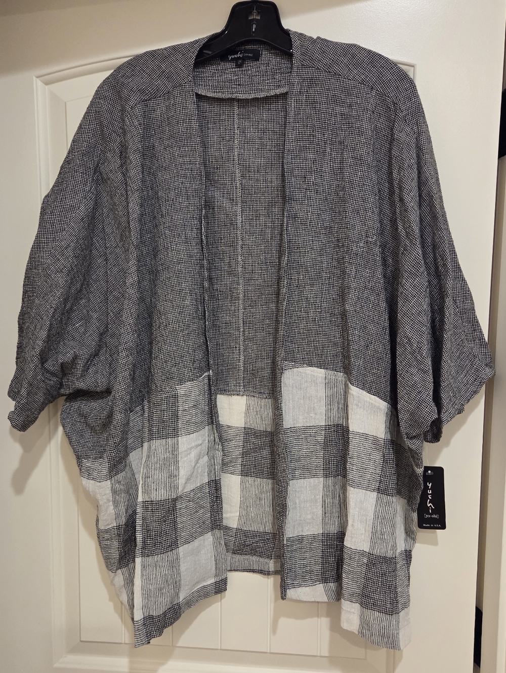 NEW WITH TAGS! YUSHI Black-White Checked LINEN/COTTON Kimono Style Cardigan, L